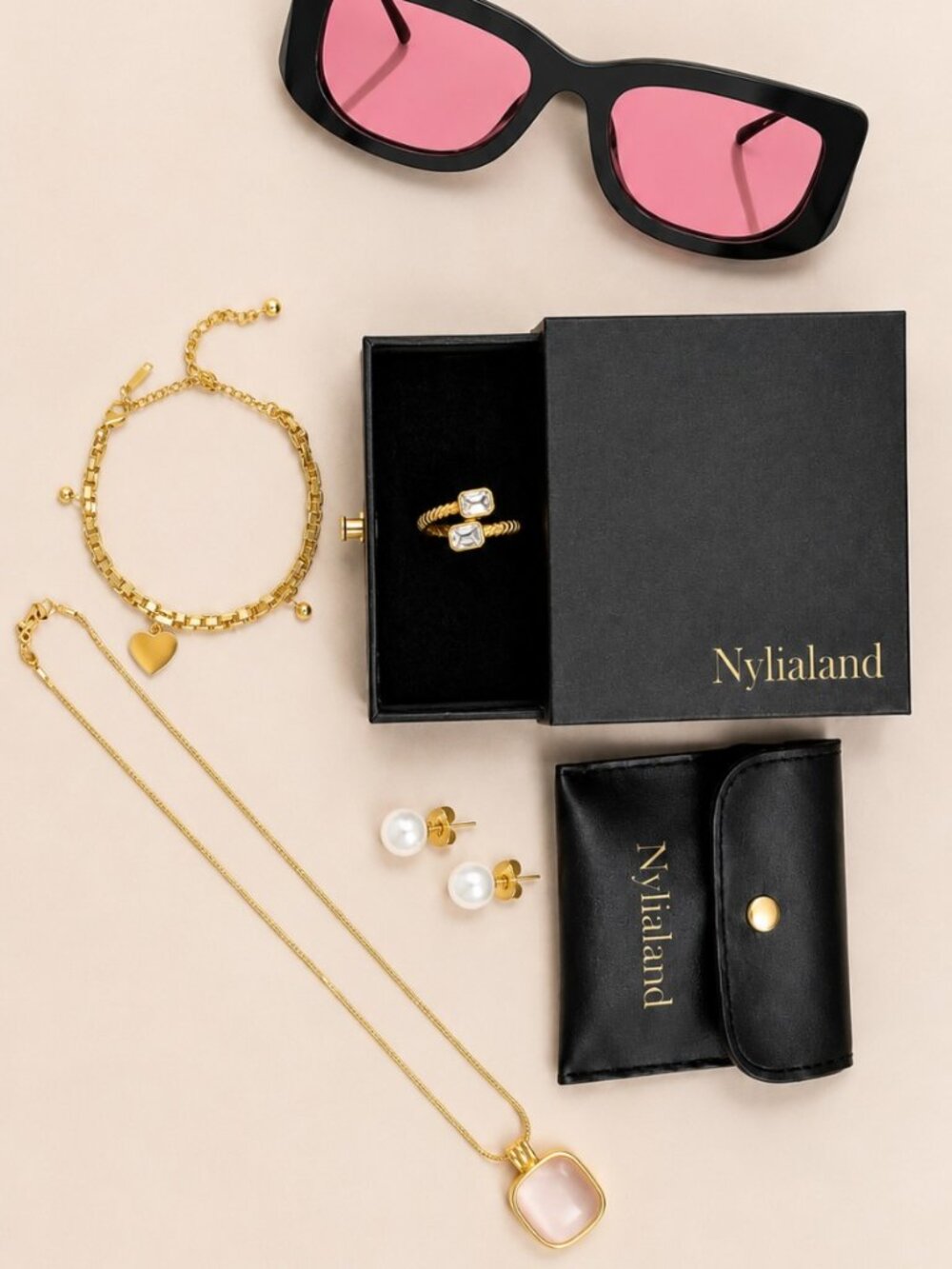 Nylialand Y2K Pink Tint Sunglasses & Gold Jewelry Bundle